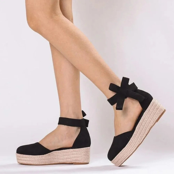 Shein Minimalist Black Espadrille Heeled Platform Ankle Bow Straps size 36 (5.5) - Picture 1 of 10
